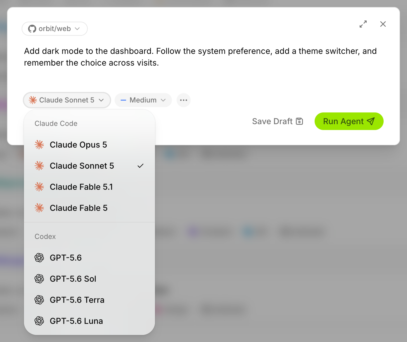 Gentic’s new issue composer with the agent and model menu open, showing Claude Code and Codex models