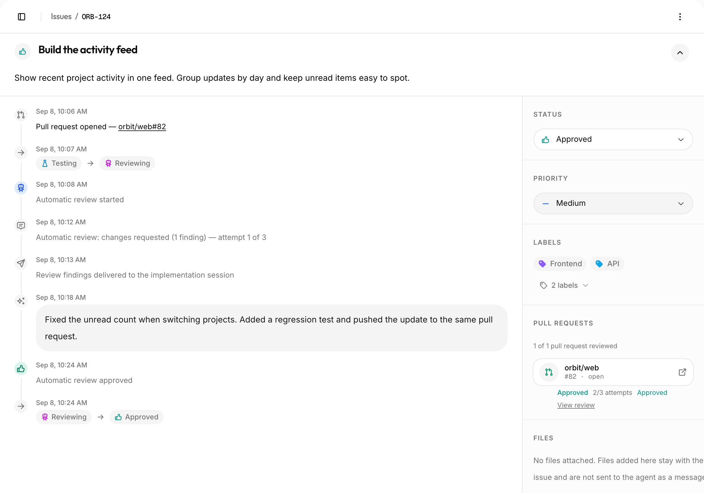 Gentic demo issue showing review findings, an agent fix, automatic approval, and the linked pull request